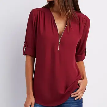 Temperament Women T-shirt Solid Color Long Sleeve Zipper Summer Loose-fitting T-shirt Streetwear Ladies Blouse for Daily Wear