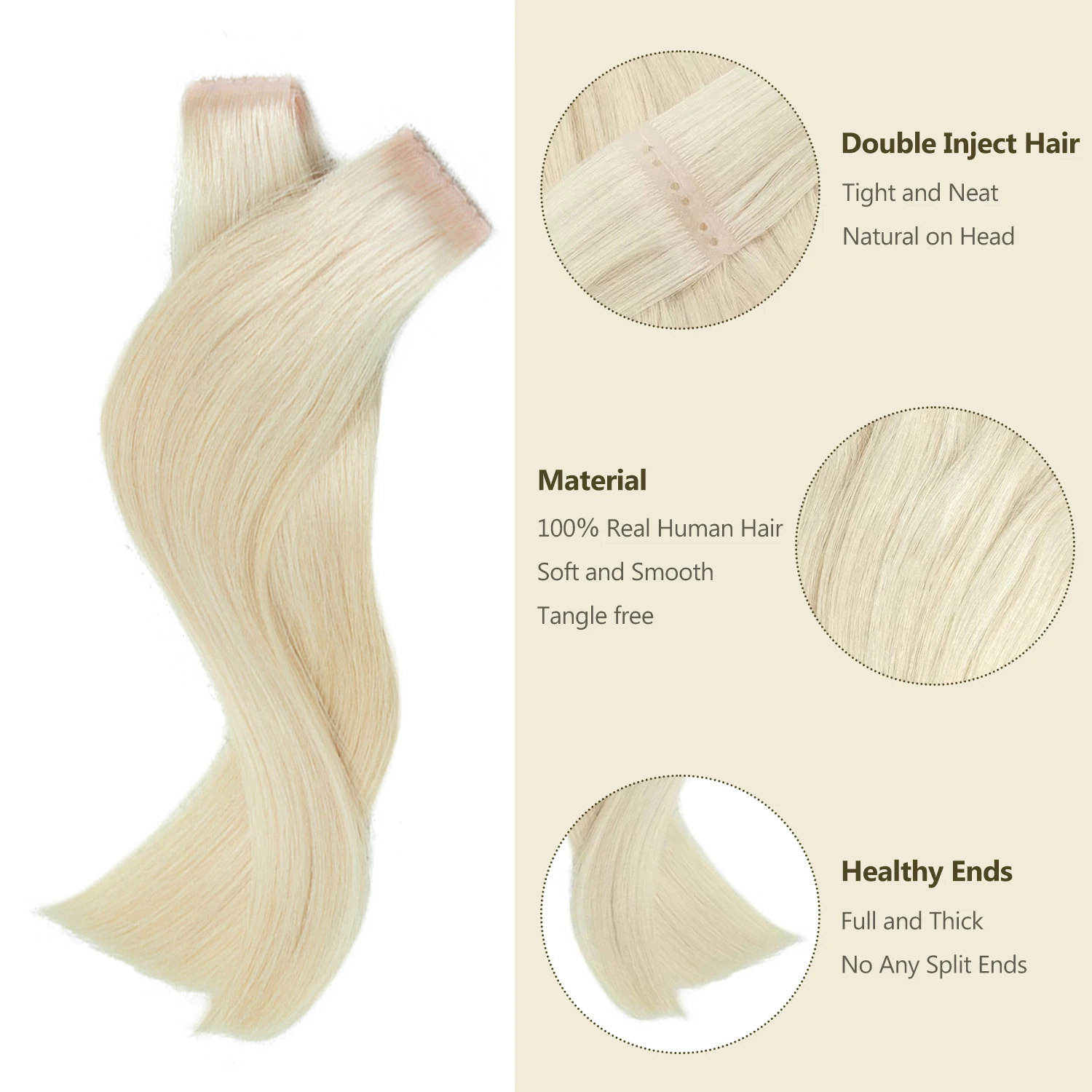 Invisible Twin Tabs PU Skin Hair Weft  With Holes Human Hair Extensions Micro Beads Natural Machine Remy Injected Hair Weft