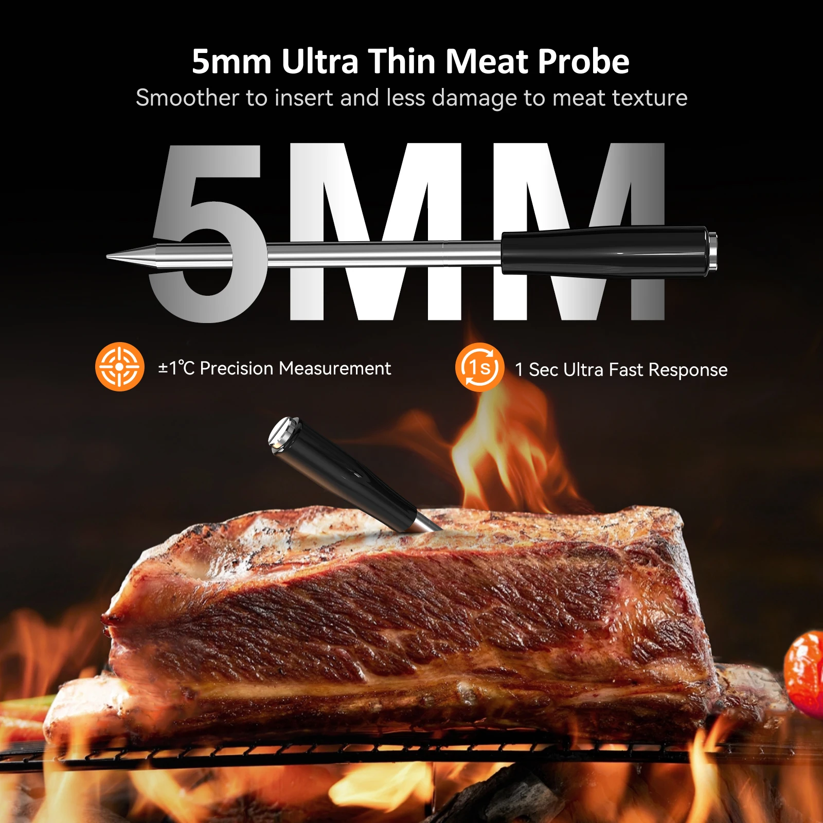 Meat Thermometer 5.4 Bluetooth 5MM Ultra Thin 1Probe HD LCD Display Multiple Temperature Alarms Thermometer for Cooking Grilling