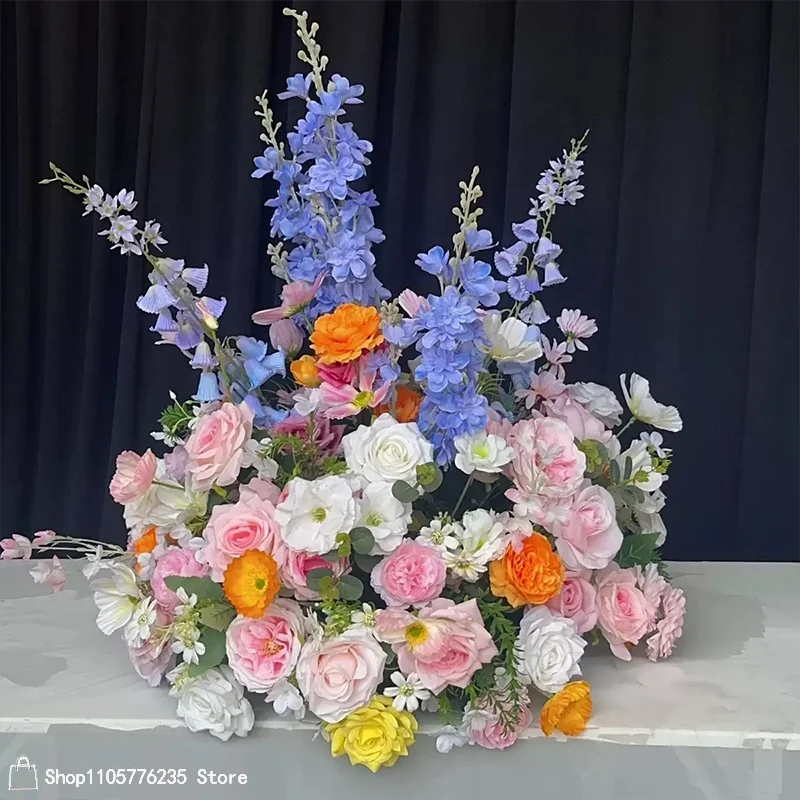 Künstliches Blau-Weißes Rosen-Blumenarrangement Hochzeitstisch-Mittelstück Hortensien-Delphinium-Bouquet Outdoor-Party-Bankett-Dekoration – Detail 4