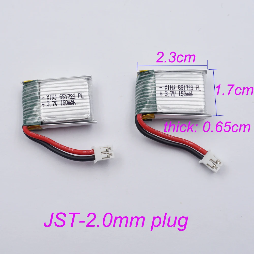 2pcs 3.7V 150mAh 20C LiPo Li Battery JST-PH 2.0 Connector 651723 For JRC H20 H36 NH010 Drone Efficient Mini Four-axis Aircraft