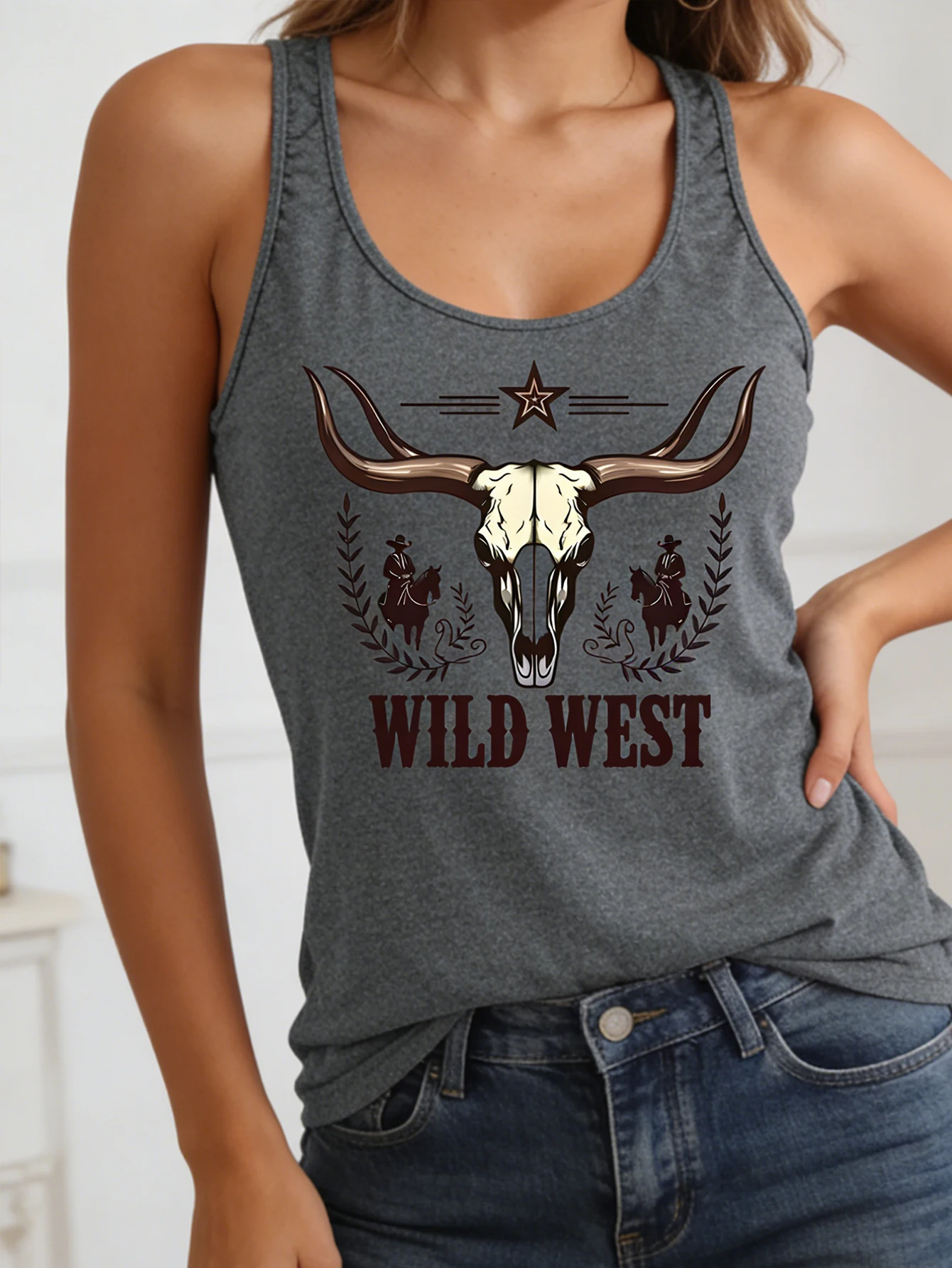 Western-style Letter-printed Fitness Tank Top, Casual Sleeveless Tank Top, Women's Clothing
