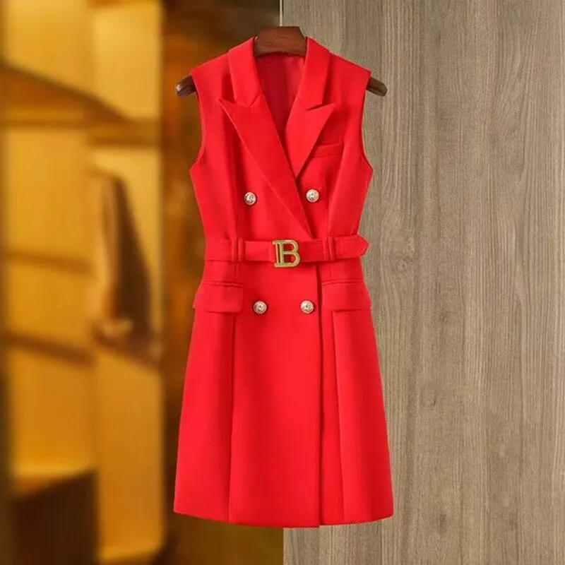 

Новое весенне-осеннее роскошное красное платье-жилет без рукавов с поясом, свободного кроя, универсальное, элегантное, для офиса, двубортное.