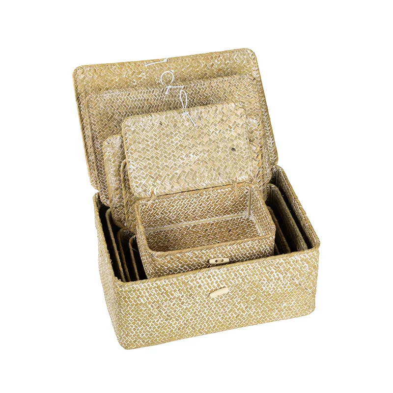 Large Wicker Box with Lid, Hand-woven Rectangular Laundry Baskets, Home Storage, Bathroom Sundries, Cosmetic Toys Organizer