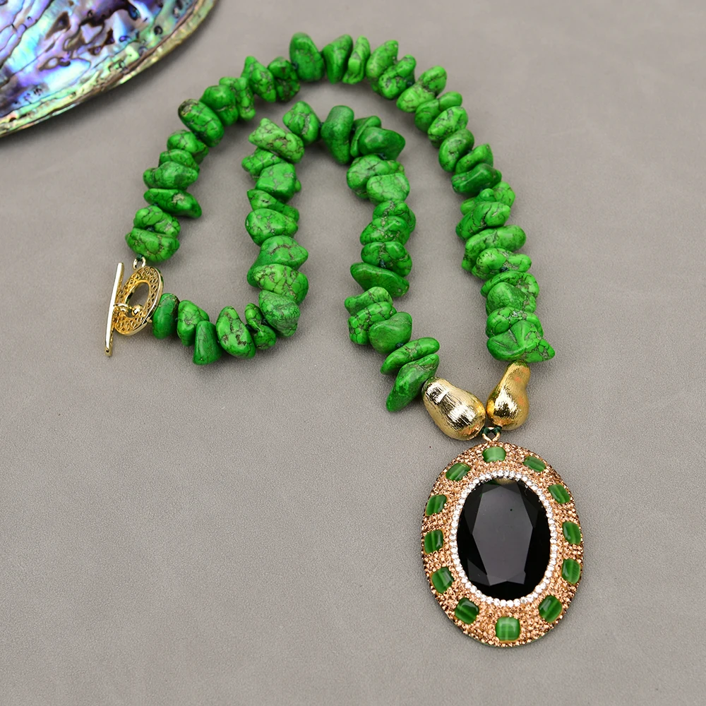 

GG 19'' Freeform Green Turquoise Fancy Nugget Stone Brushed Beads Necklace Green Crystal Paved Cat eye Pendant For Lady