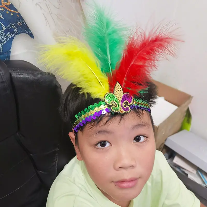 WeirdGoth Ostrich Feather Tribal Headband For Kids, Brazilian Carnival Headdress Stage Performance Party Costume Accessory