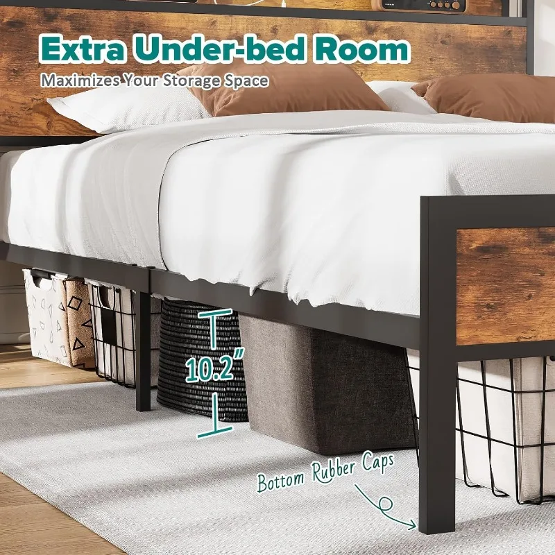 Queen Size Bed Frame, Storage Headboard with Charging Station, Metal Wooden Platform, Noise Free, No Box Spring Needed