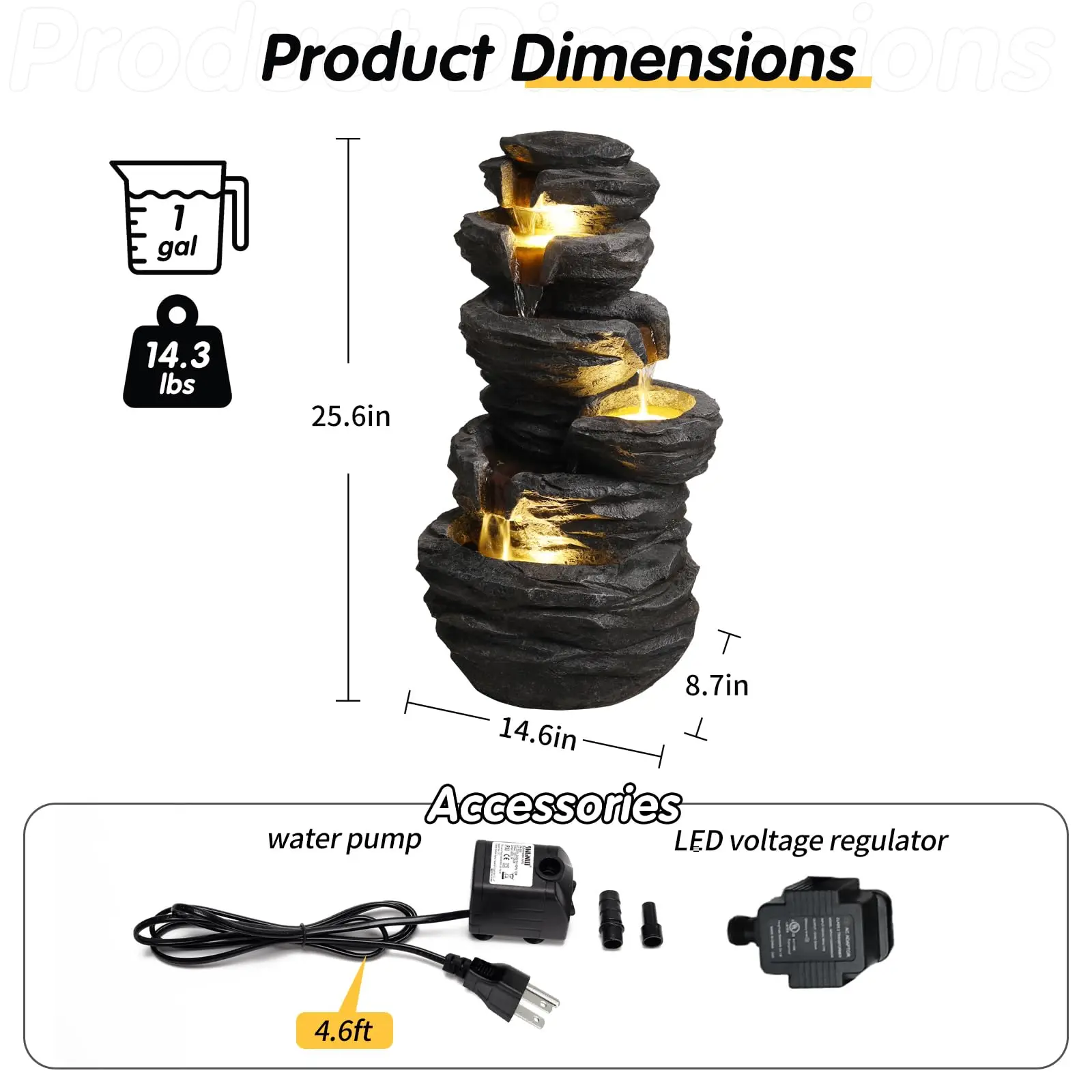 Stacked Rock Waterfall Fountain with LED Light, Resin Outdoor Water Feature