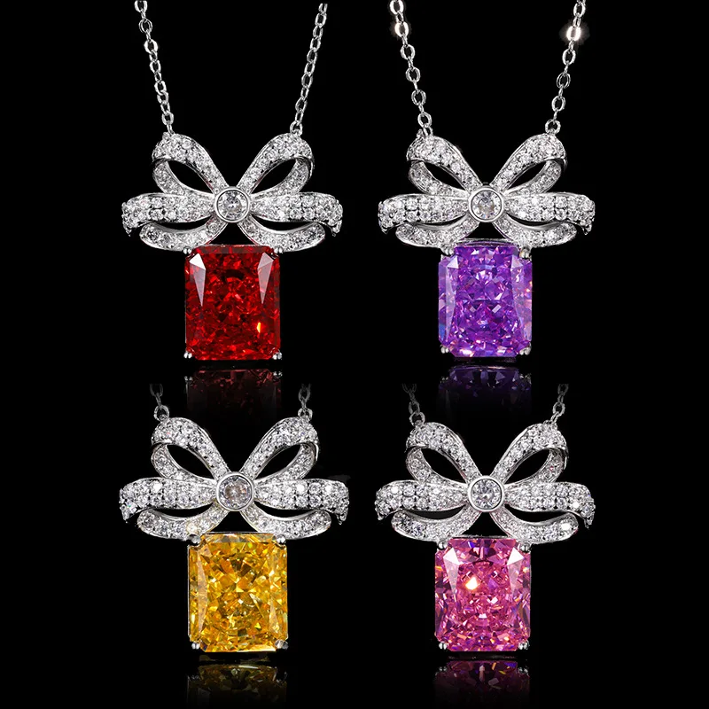 Jewelry Gold-Plated High Carbon Diamond Ice Flower Copper Elegant Light Luxury Bowknot Pendant for Women 10*12 Wholesale