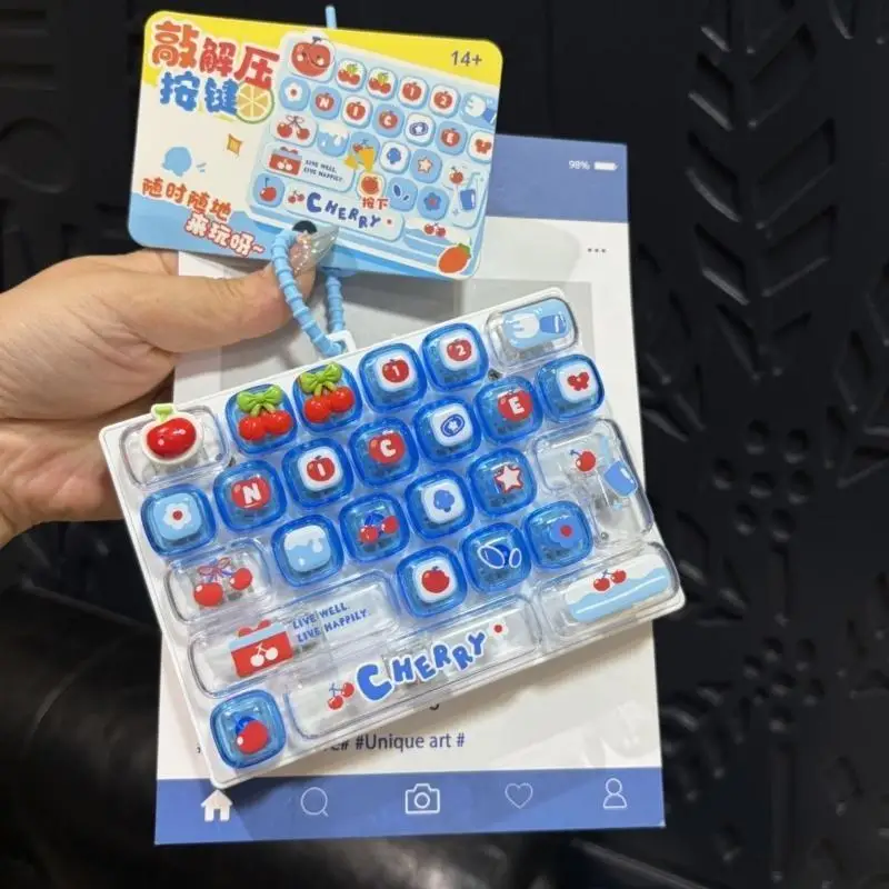 Cherry Themed Cartoon Print Fidget Keyboard Toy Stress Relief Sensory Gadget for Adults Kids Home Office Anxiety Relief Gifts