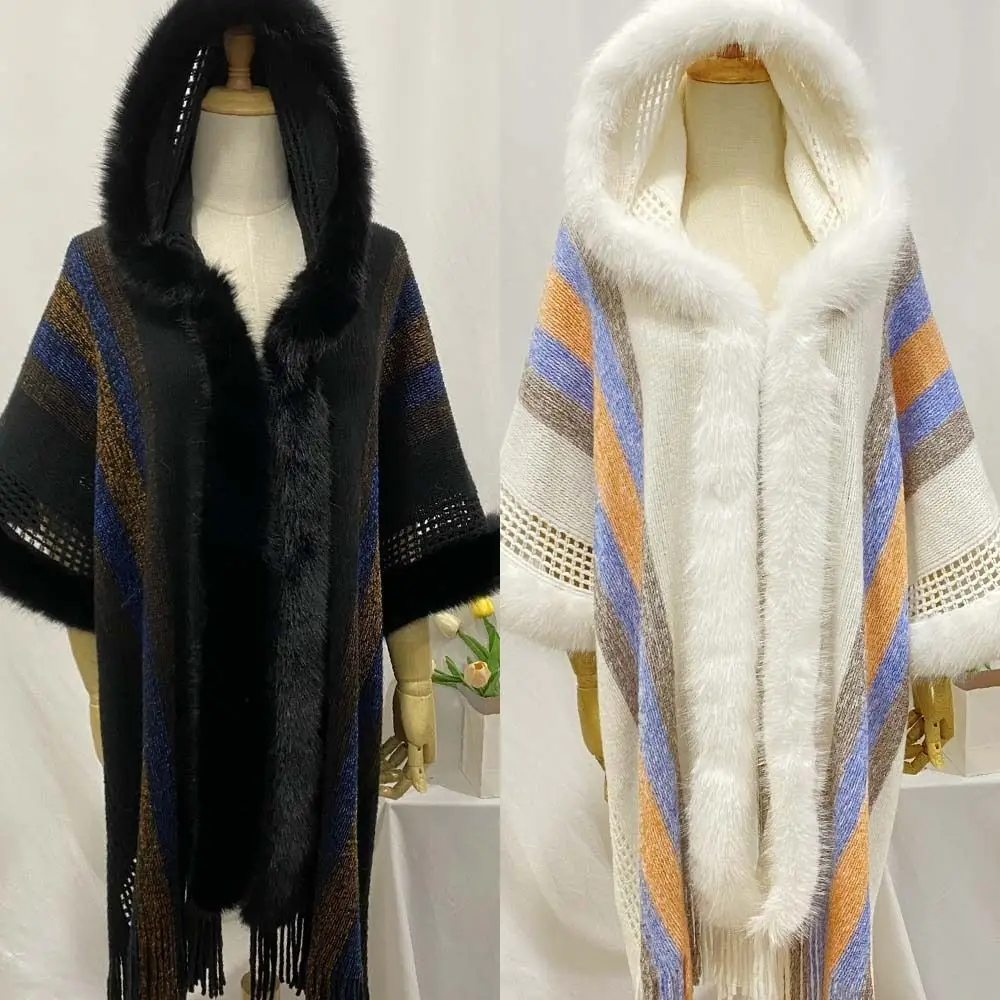 Women Fashion Winter Warm Hooded Cape Shawl Ethnic Style Imitation Cashmere Knitted Cardigan Tassel Shawl