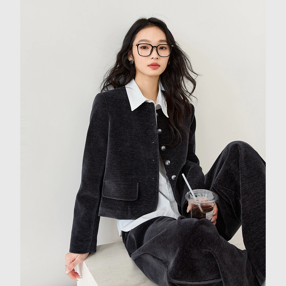 

VIMLY Dark Grey 2 Piece Pant Sets Woman Outfit Office Lady New 2025 Winter Velvet Quilted Padded Thick Top Wide Leg Pants M9785