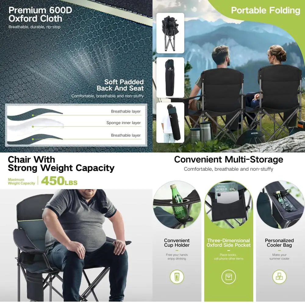 

Folding Camping Chair Oversized Heavy Duty Lawn Chair with Cooler Bag, Cup Holder, Storage Pocket, Collapsible Padded Outdoor Ar