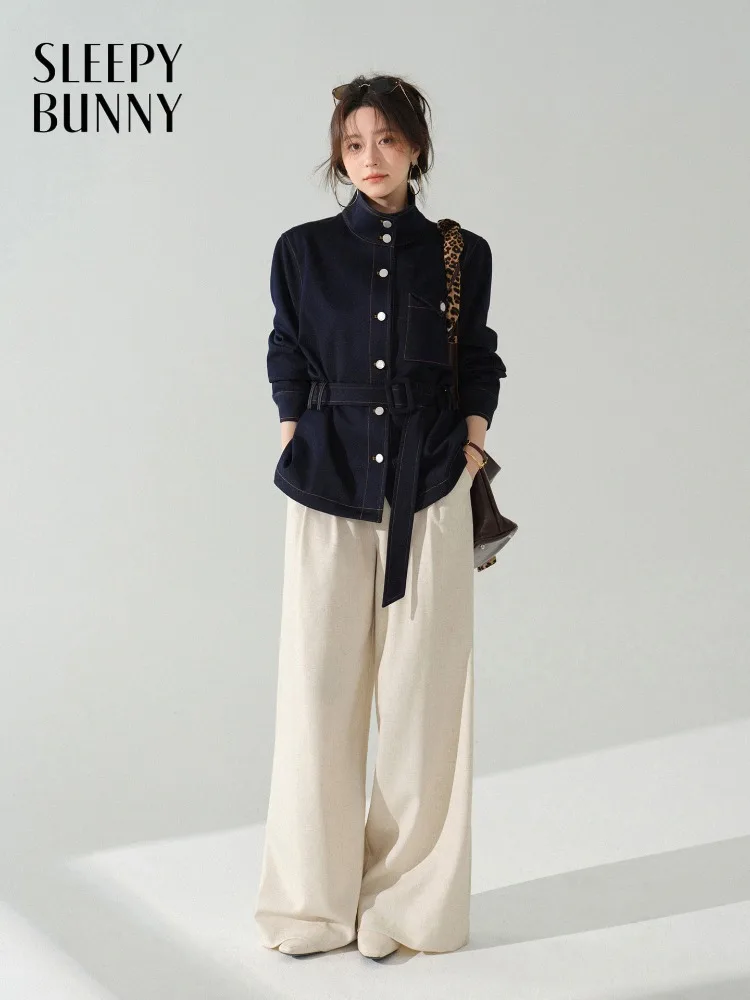 

Chic Denim Jacket Women Retro Stand Collar Short Coat with Belt Loose High Waist Outerwear for Autumn Fashion Trendy Streetwear