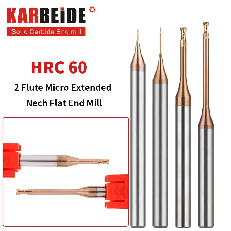 KARBEIDE 2-Flute Micro-Diameter Deep Groove Cutter HRC60 Carbide Deep Long Neck Micro End Mill TiSiN Coated