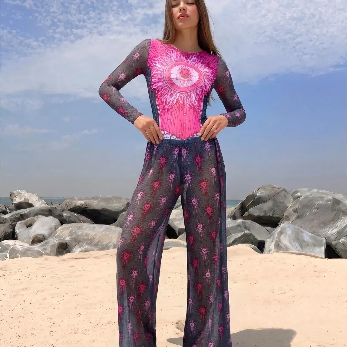 2026 New Women 2Pcs Sun Print Swimsuit Set, Long Sleeve Mesh Bodysuit + Sheer Wide Leg Pants, Beach Swimwear Cover Up Outfit