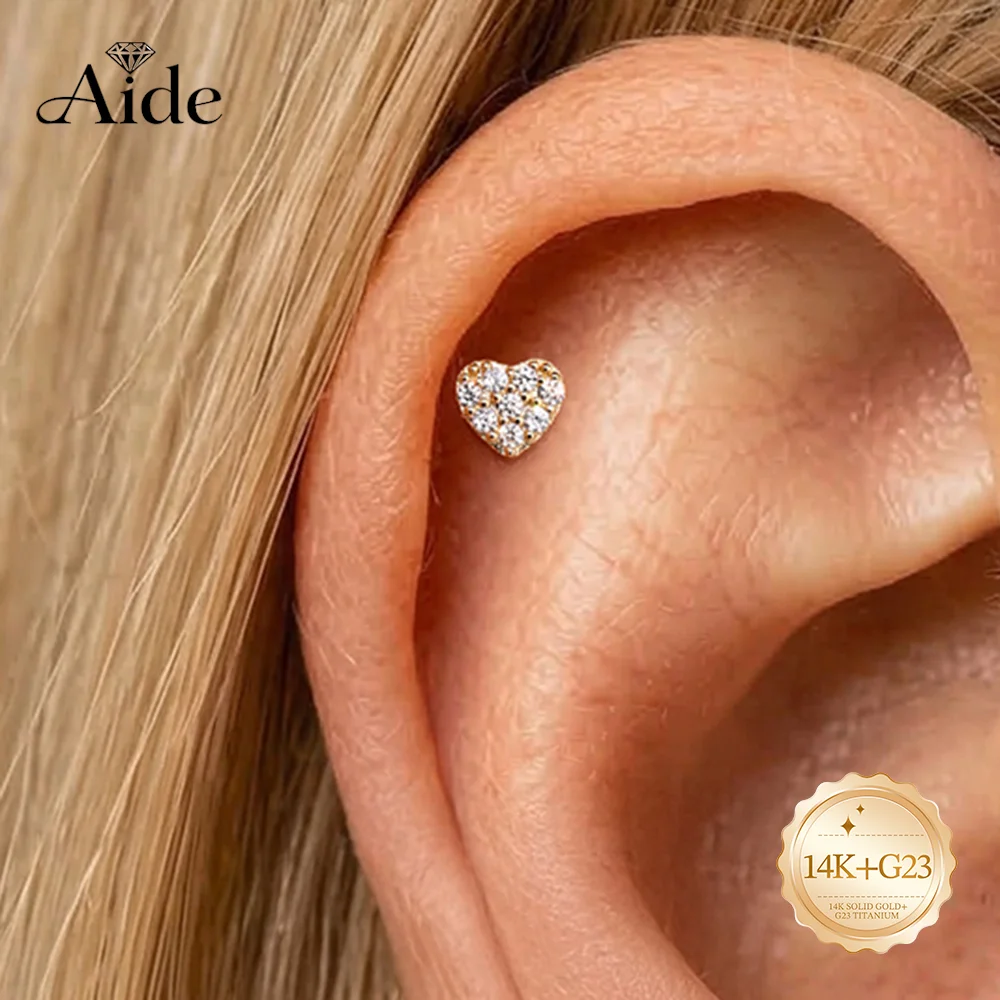 AIDE 14K Solid Gold Dainty Heart Zircon Women's G23 Titanium Flat Back Piercing Ear Bone Nail Wedding Bridal Jewelry Gifts
