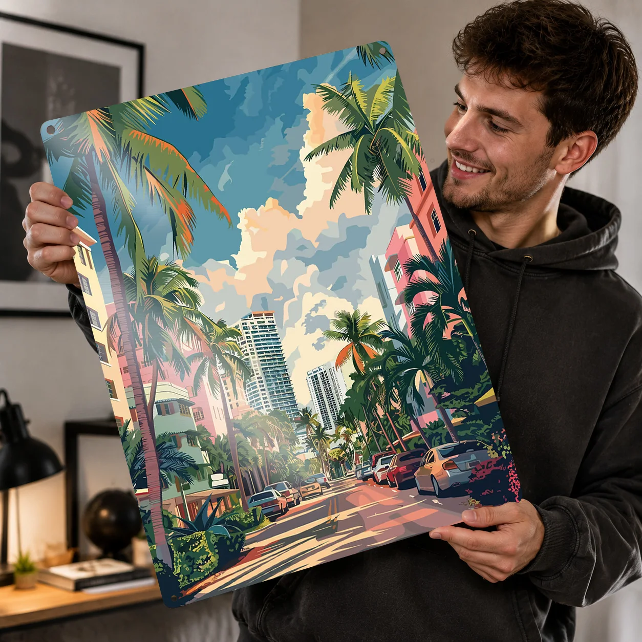 Miami Beach Street Scene 3D Printed Texture Poster Personalized Wall Art Retro Metal Tin Signs for Room Accessories Interior