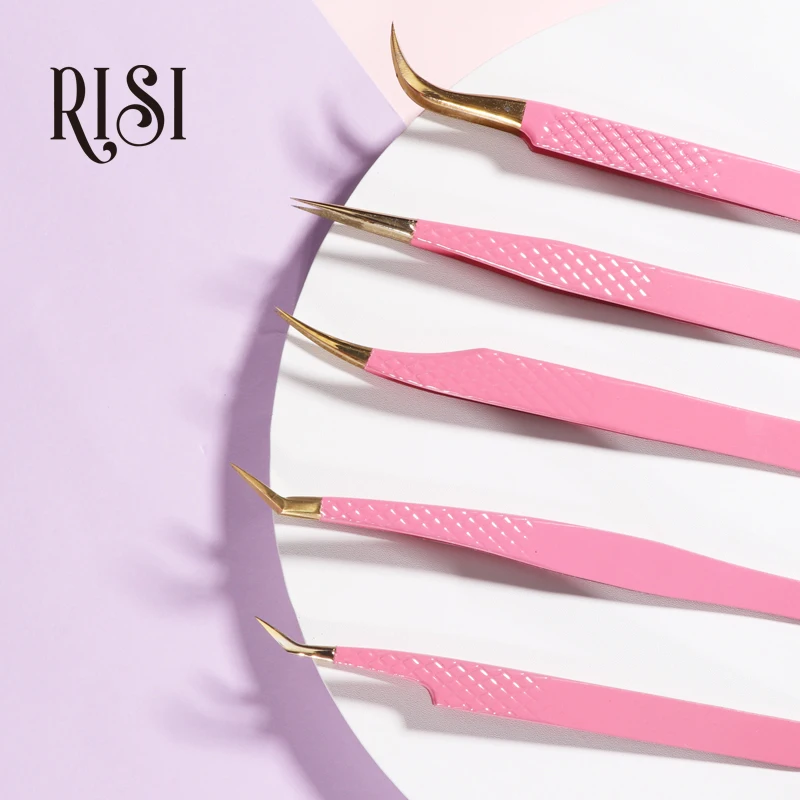 RISI Pink False Eyelash Tweezers For Eyelashes Extensions Individual Curved Strip Lashes Eyebrow Hair Clip Tongs Makeup Tools