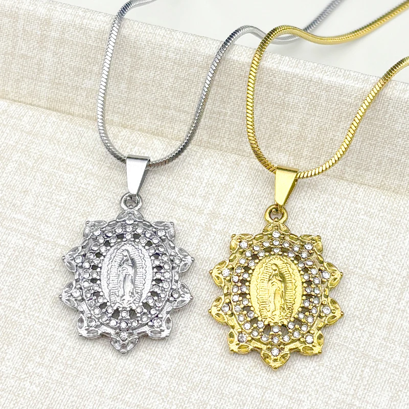 مريم العذراء زهرة كريستال قلادة للنساء الرجال الفولاذ المقاوم للصدأ الذهب اللون سلاسل سيدة غوادالوبي القلائد مجوهرات #2