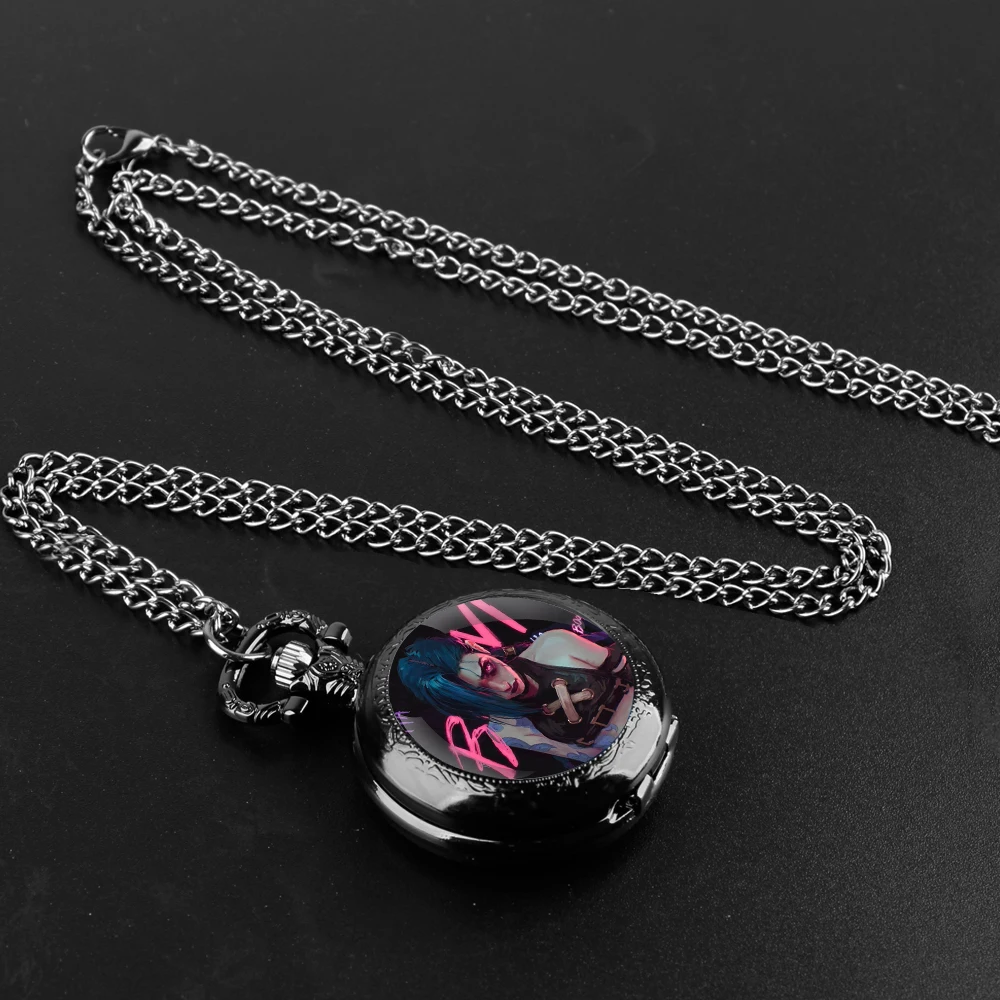 Hot Anime Arcane Jinx Glass Dome Pocket Watch with Chain Necklace Vintage Quartz Pendant Watches Mens Women Gifts