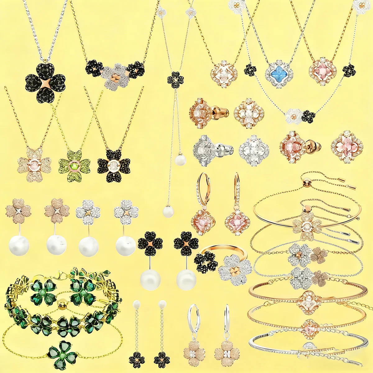 

Серьги, колье и браслеты в форме цветка, украшенные бриллиантами и жемчугом, милые изысканные. Подходит для женщин.