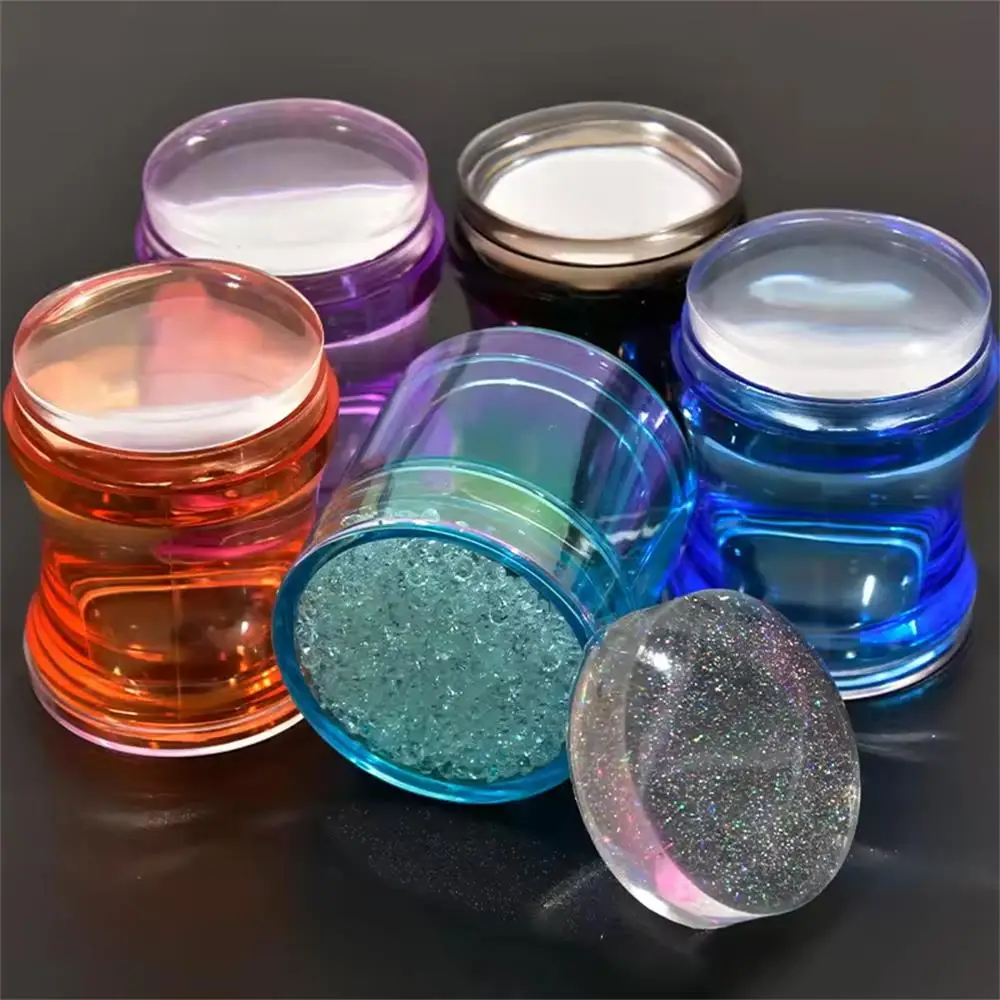 مجموعة طوابع سيليكون جديدة لفن الأظافر - رأس سيليكون ناعم 3.8 سم مع مكشطة، أداة أظافر بمقبض ملون شفاف #5