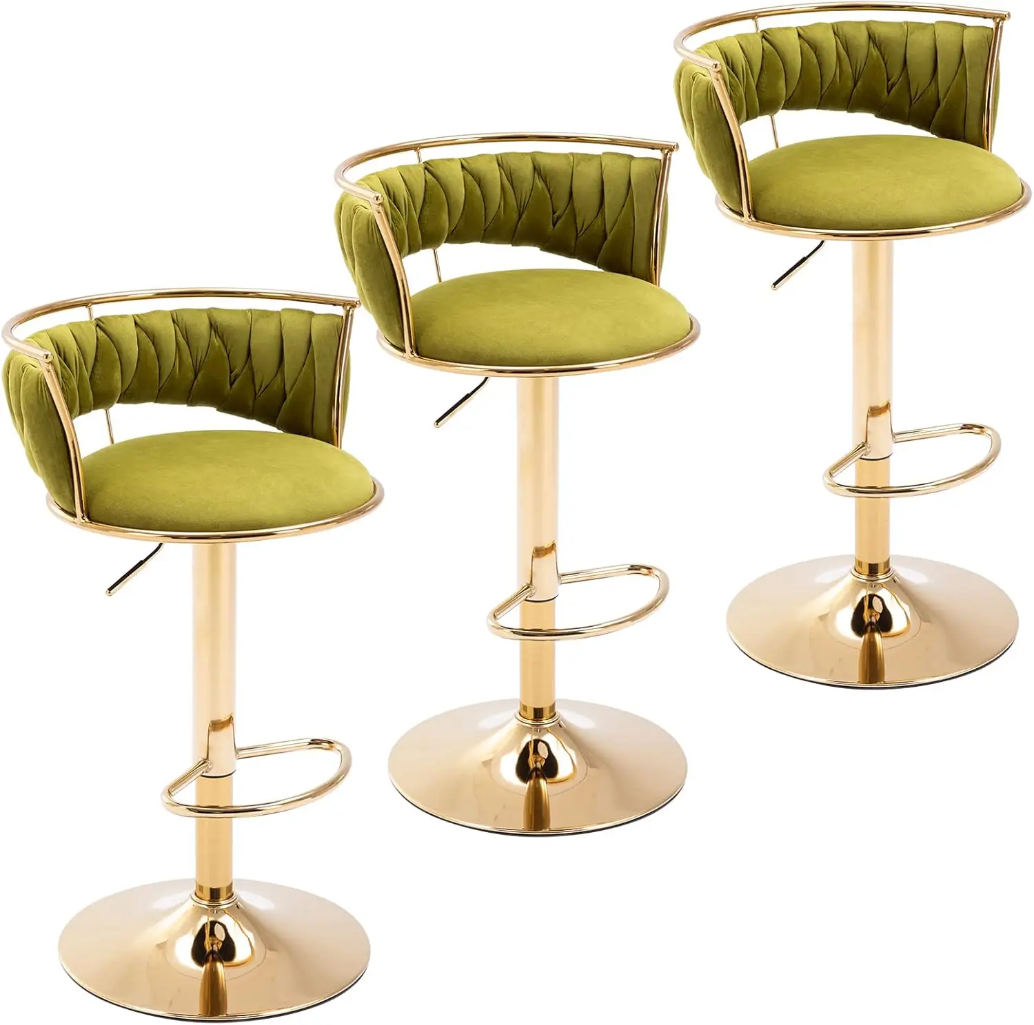 

Modern Velvet Swivel Bar Stools Set of 3, Adjustable Height, Low Back, Grass Green