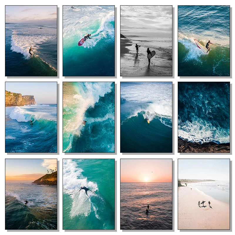 1pcs(No frame)Beach Sunset Surfer Surfing Colorful Wave Surreal Poster Canvas Painting and Prints Wall Art Holiday Picture fo
