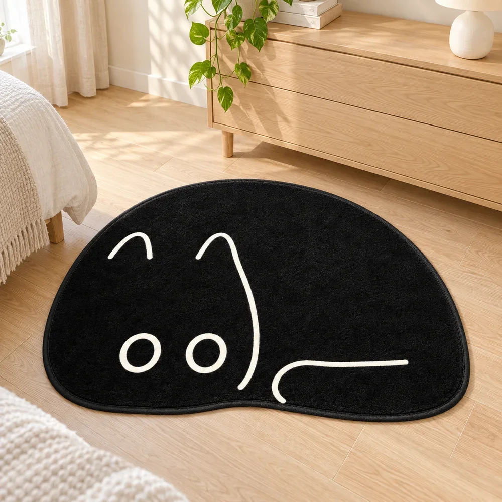 Black Sleepy Character Irregular Shaped Area Rug, Modern Floor Mat for Bedroom, Living Room, Entryway and Reading Corner Decor