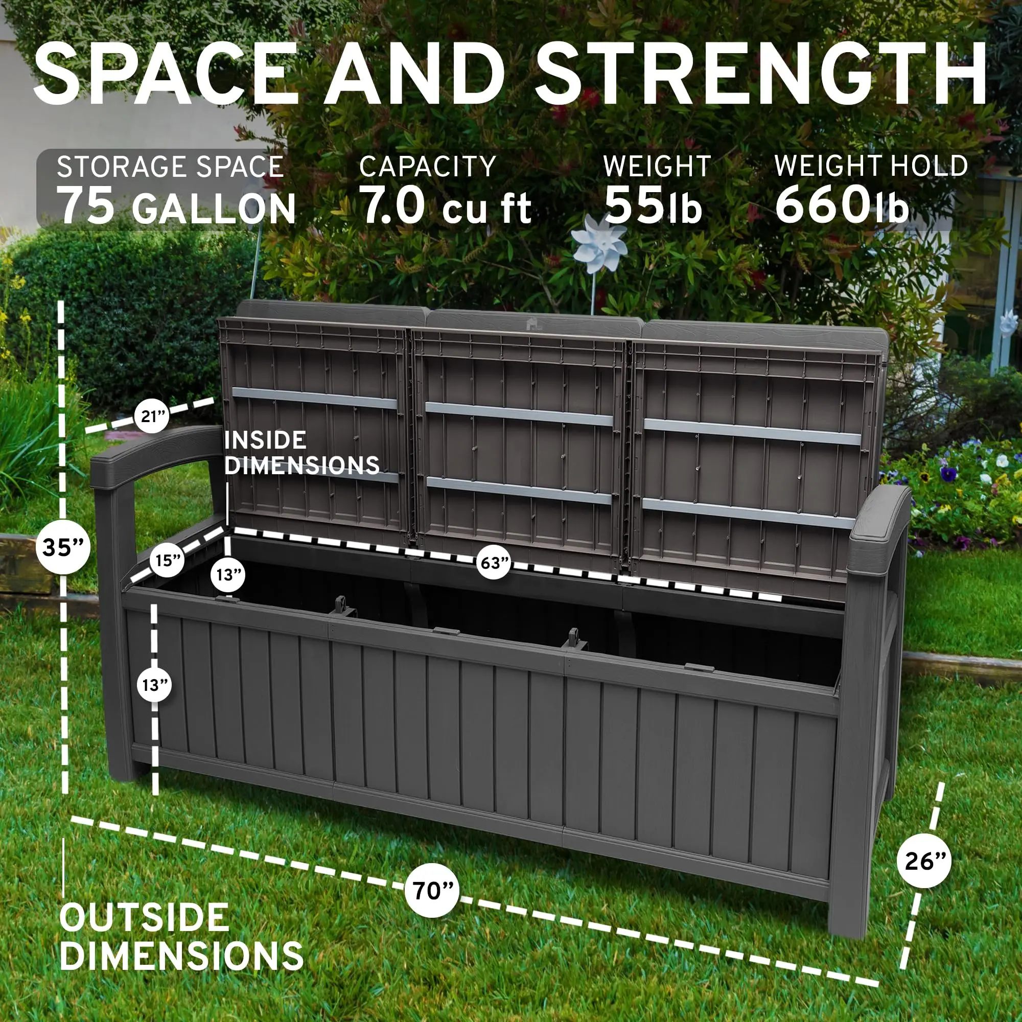 3 Seat Outdoor Storage Bench with Rain Cover - 90 Gallon Capacity - Weatherproof Resin Bench for Patio, Porch, Garden