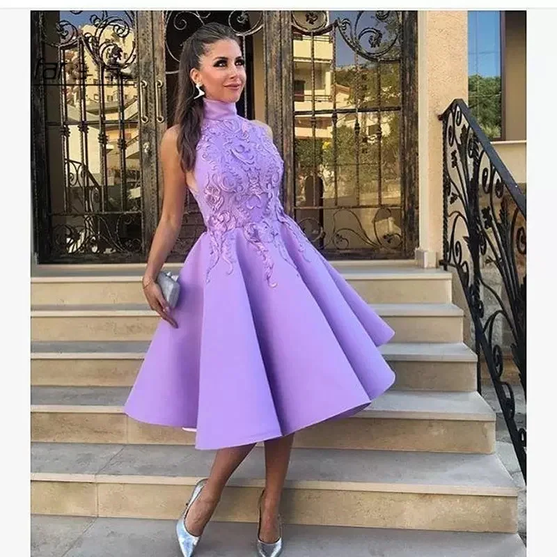 

2024 Purple A-line Graduation Dress Short Sleeves Applique Lace Short Mini Homecoming Party Formal Cocktail Prom Gowns Dresses