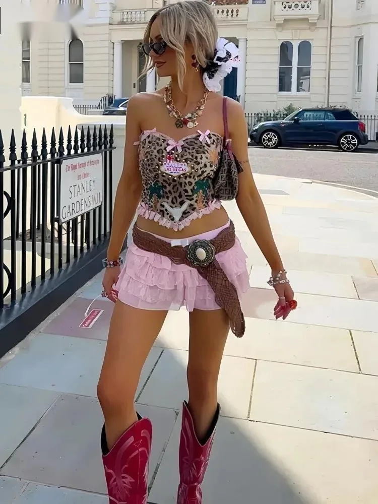 

Sweet Lace Bow Two Piece Sets Woman Sleeveless Leopard Print Crop Tops And Ruffle Shorts Y2k Street Shorts Skirts Suits O65X