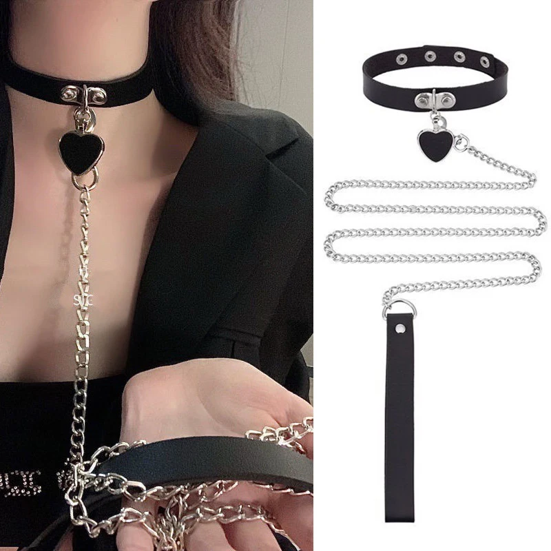 Sexy Handmade Leather Neck Collar Choker with O-ring and Chain Leash Adjustable Roleplay Accessory Love Necklace for Couples