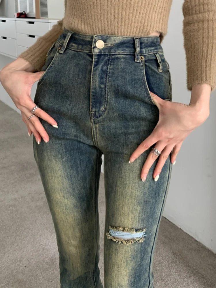 Flare Jeans wanita musim gugur sejuk mengepel ramping antik trendi modis Streetwear gaya Korea kasual semua-cocok harian Chic