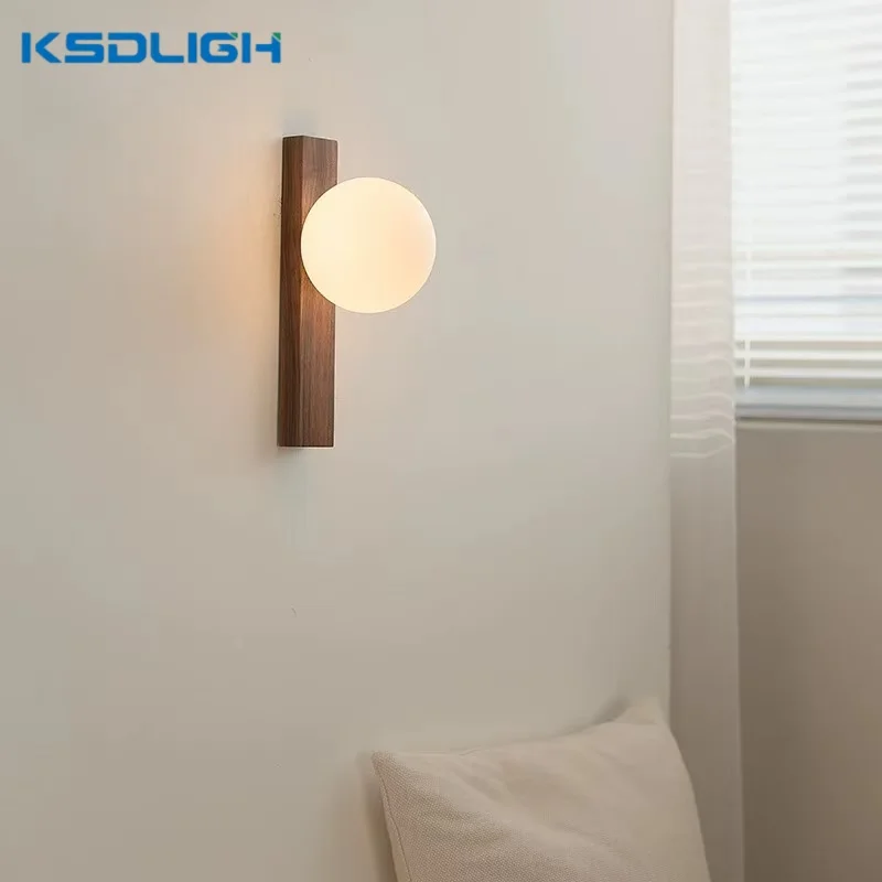 Modern Minimalist Walnut Wall Lamp with Milky White Glass Ball Light for Homestay Hotel Corridor Staircase Indoor Decor Sconces