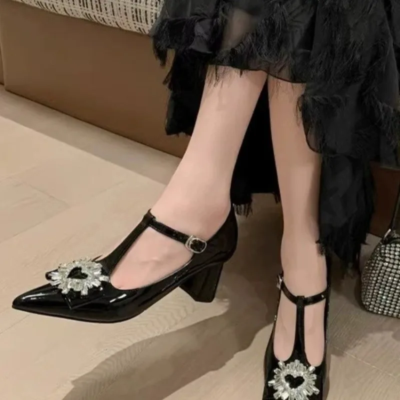 

Women's Single Shoes with Roots Pointed Toe Square Heel Rhinestones Shoes Women Dress Banquet French Elegant Zapatillas De Mujer