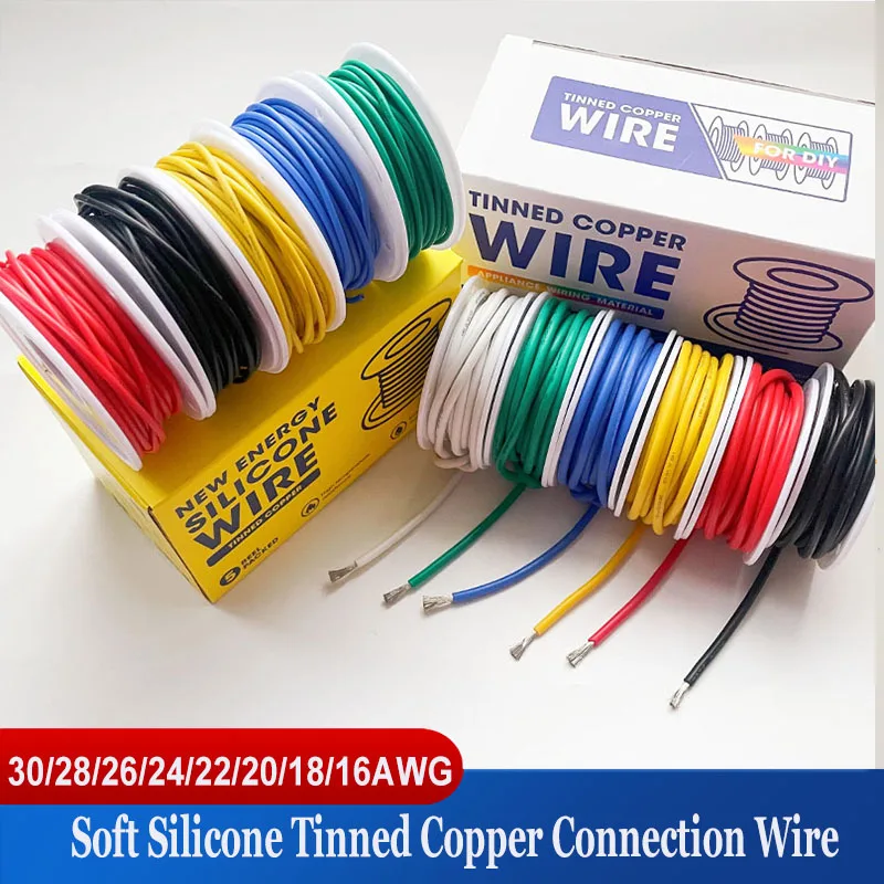 30 28 26awg 24awg Stranded Tinned Copper Wire Spool 5/6 Colours Flexible Silicone Wire 22awg 20 18 16 Gauge Connection Wire Kit