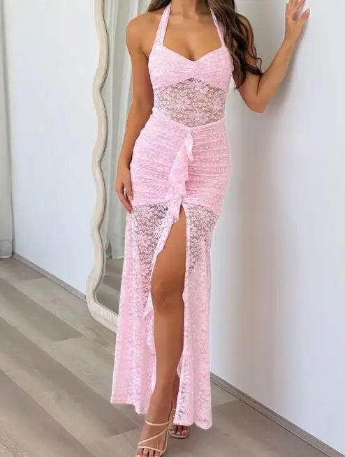 

Womens Dresses 2025 Spring Summer New Solid Color Elegant Hanging Neck Lace Patchwork Sexy High Slit Backless Long Dress