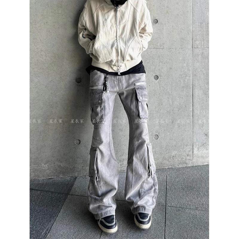 

American Style Trendy 90s Retro Multi Pocket Denim Workwear Pants Women 2024 Autumn New Popular Washed Wide Leg Casual Pants Y2