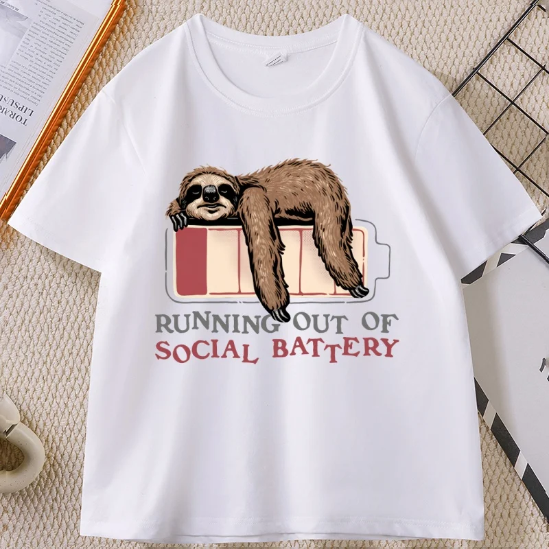 Running Out of Social Battery Sloth T Shirt Man Woman Funny Graphic T Shirts Casual Round Neck Printed Short Sleeve Male