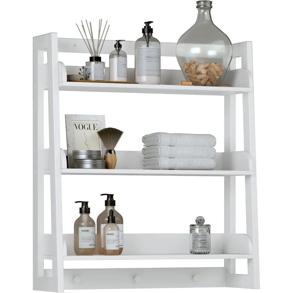 

Bathroom Wall Shelf, Over Toilet Storage Shelf Organizer, 3-Tier Wall Mount Shelf Rack with Hook, White
