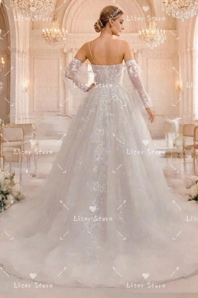 Liser Stylish A Line Wedding Dress Bridal Lace Appliques Sweetheart Long Sleeves Zipper Brush Train Vestidos Regular Customised