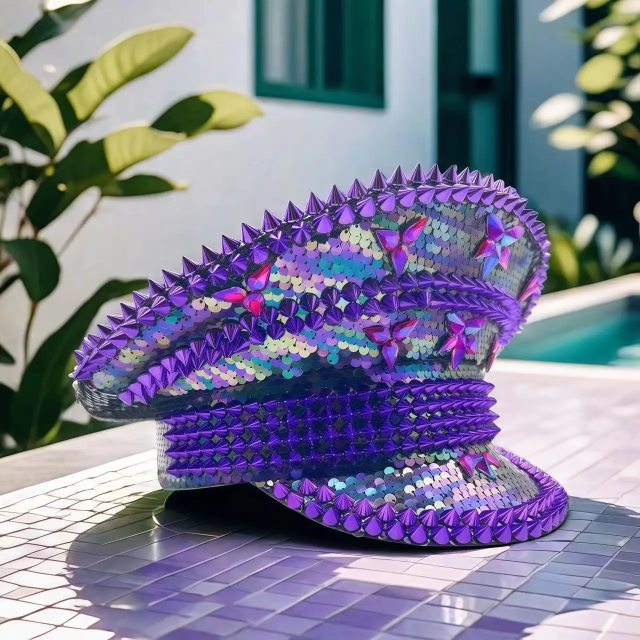 HongLuan Yellow Laser Leather Loop Captain Hat Rhinestone & Military Caps for Woman, Rave Festivals Accessories ＆ Party Cap Man