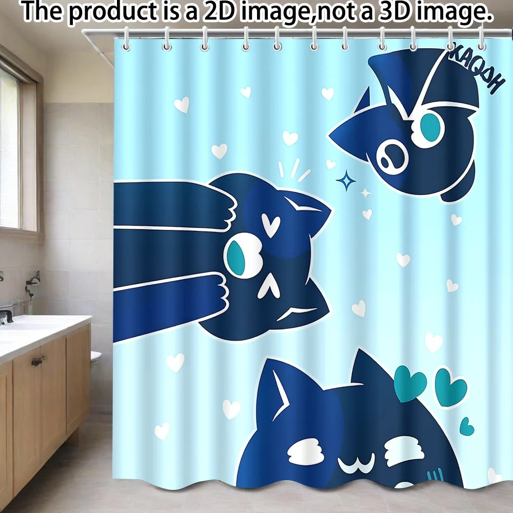 Adorable Dark Blue Cartoon Cat Shower Curtain Blue Background with Hearts & Sparkles, Polyester, 12 Hooks, Kawaii Bathroom Decor