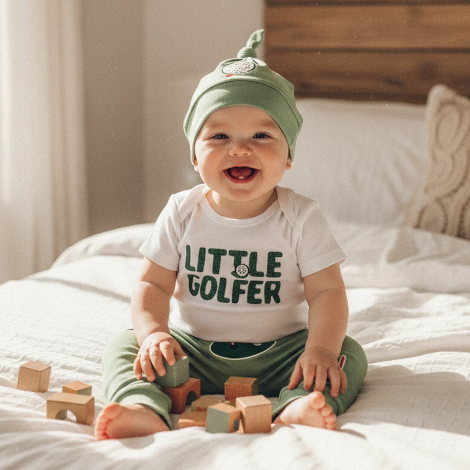 Infant Baby Boy Girl Summer 3Pcs Outfit Crew Neck Short Sleeve Golf Themed Embroidery Romper Elastic Waist Pants and Hat Set