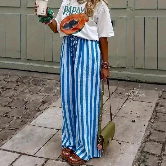 Spring Summer European American New Women Loose Casual Color Block Striped Print Straight Pants Female Breathable Trousers