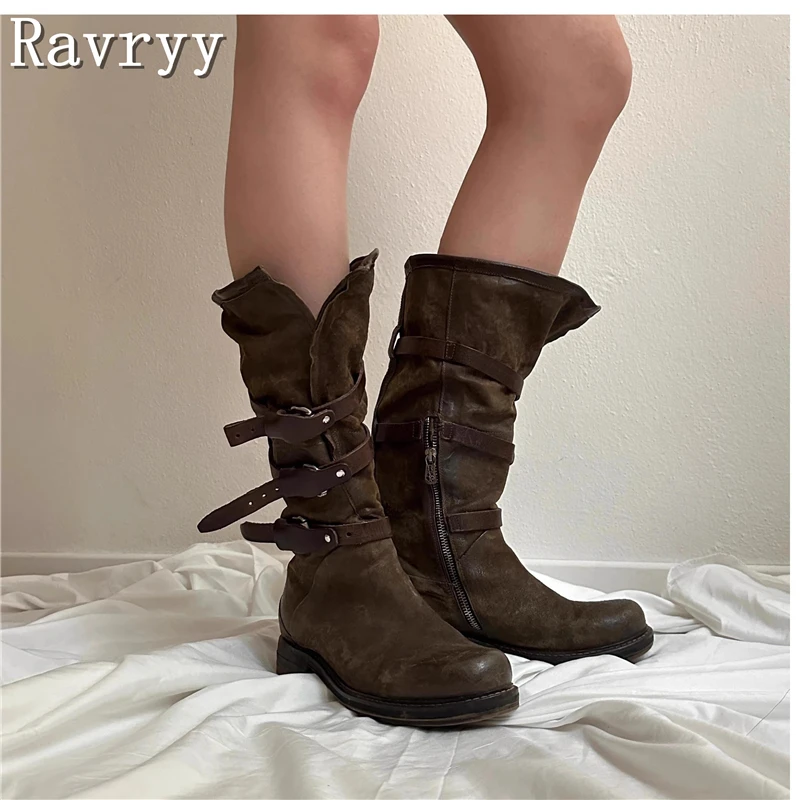 

Retro Belt Buckle Western Cowboy Boots for Women Thick Heel with Pleated Straps Vintage Punk Style Motorcycle Boots