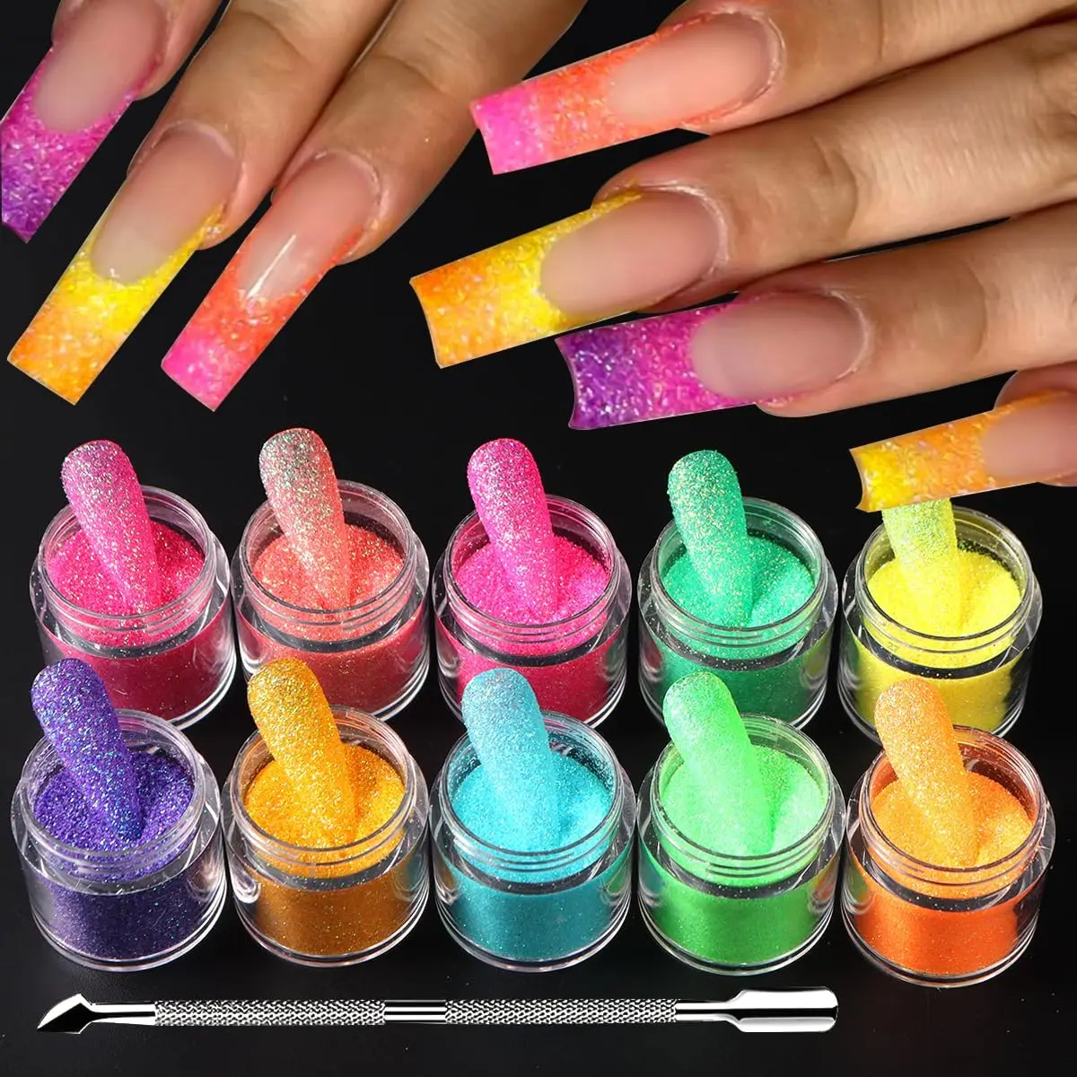 

10 Bottles Shimmer Sugar Glitter Powder for Nails, Iridescent Dipping Powder Pigment with Cuticle Pusher for DIY Manicure