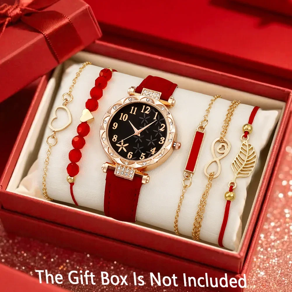 5Pcs Women Rose Gold Rhinestone Watch Bracelet Set Black Floral Dial Quartz Wrist Watch Leaf Heart Infinity Bracelets Ladies Gif